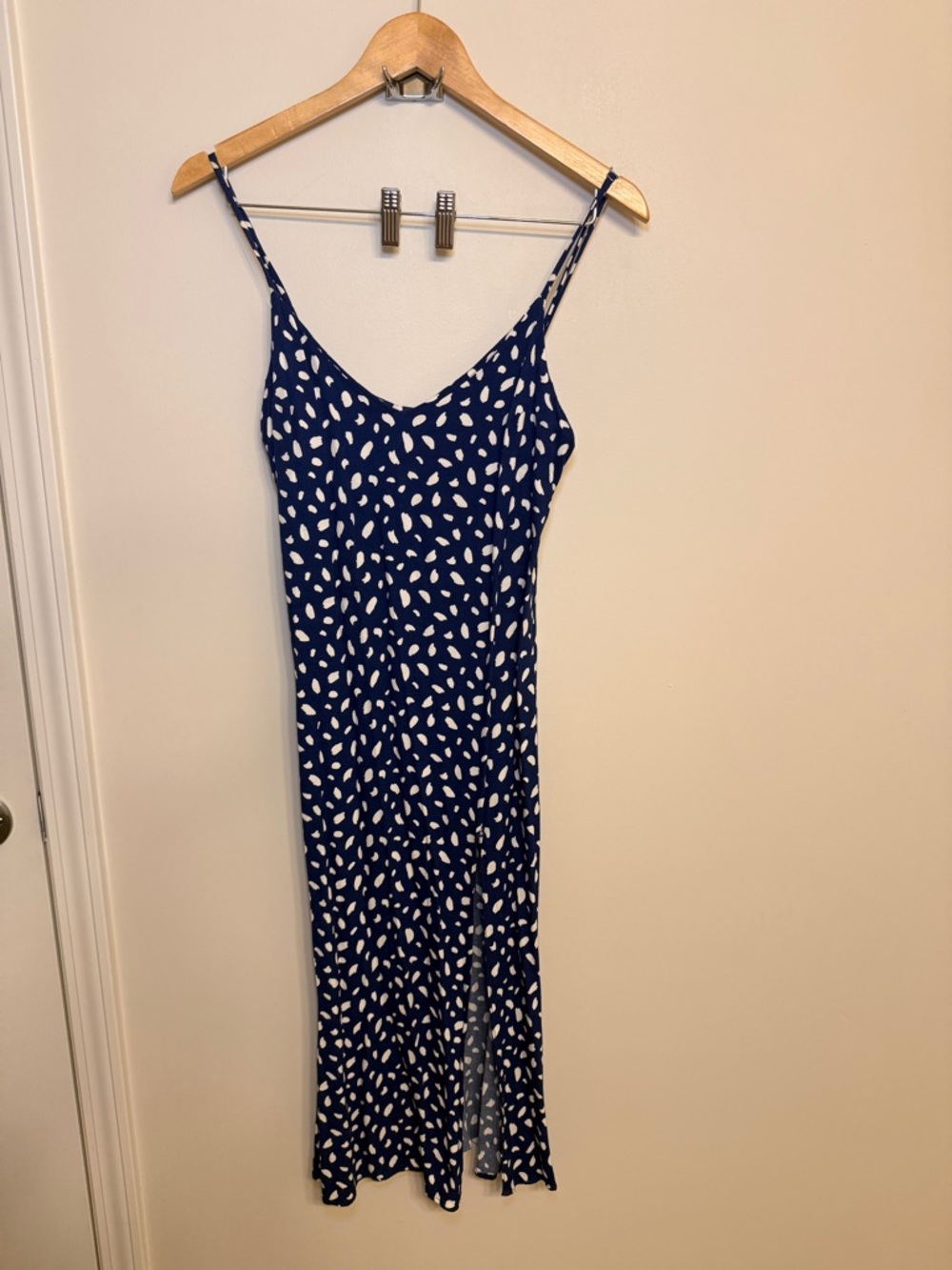 Reformation Navy Spaghetti-Strap Midi Dress with White Spot Print